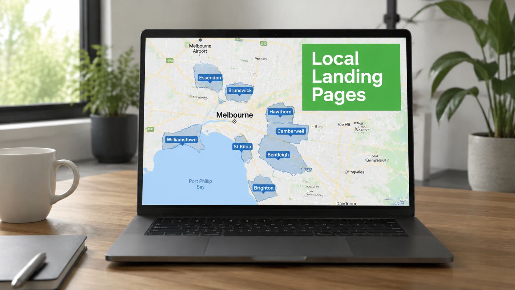 A laptop screen displaying a map of Melbourne with various suburb locations highlighted for local landing pages.