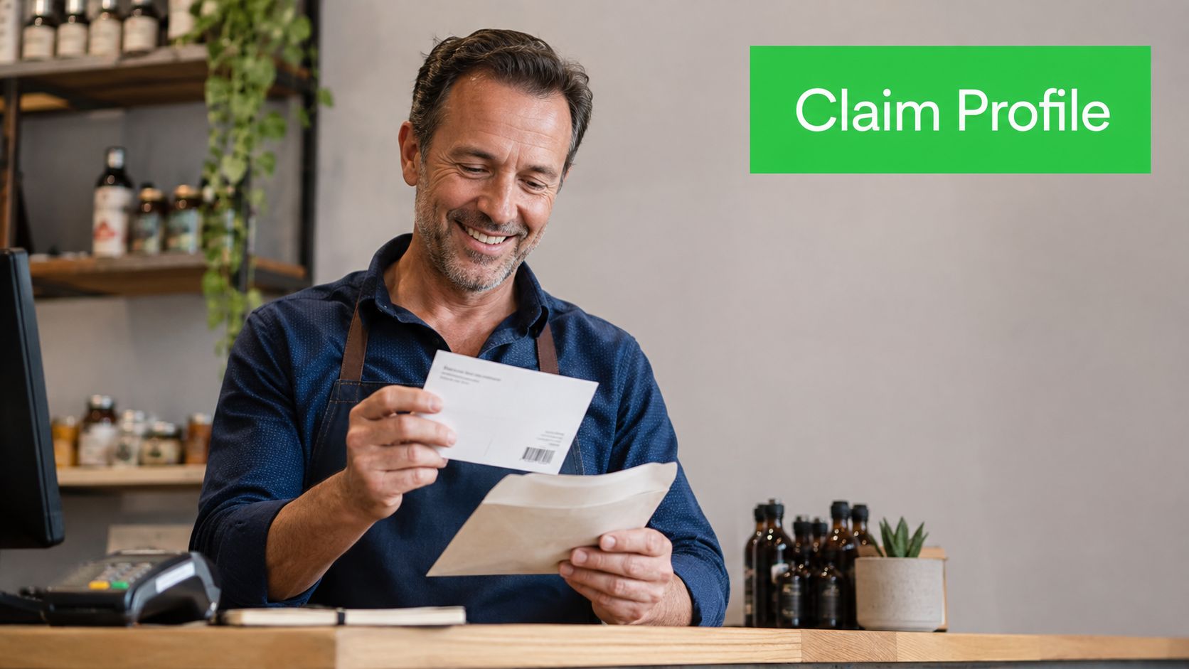 A smiling shop owner in a store looking at a document and envelope for his business profile.