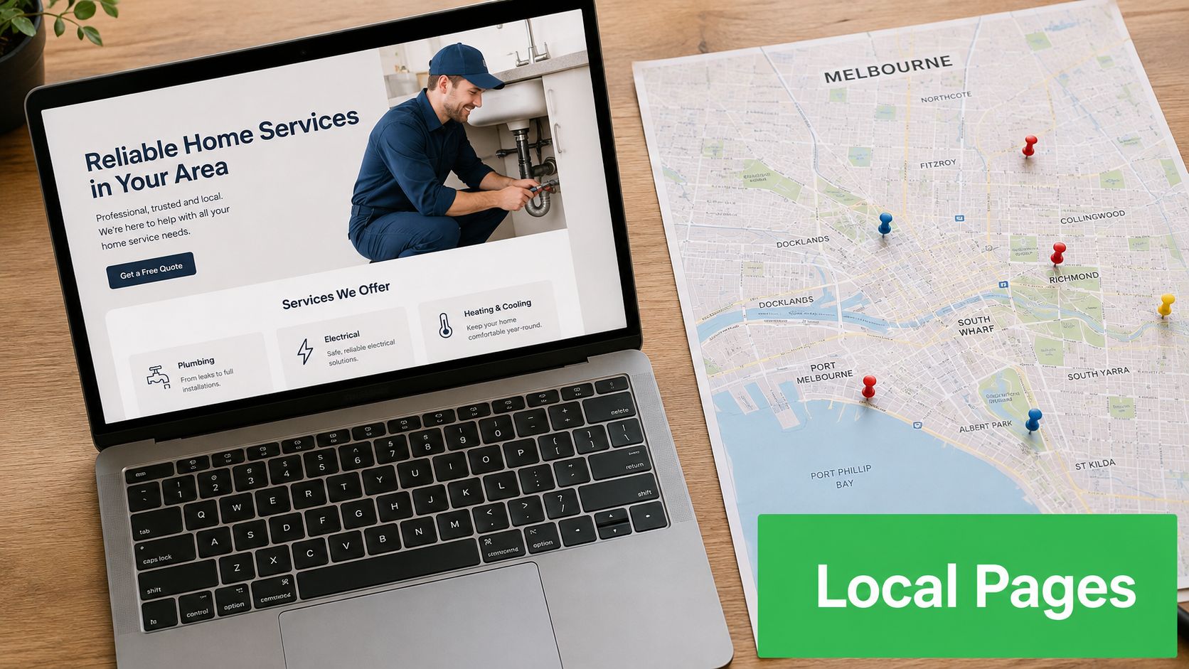 A laptop displaying home service business website alongside a map of Melbourne with various pins marked.