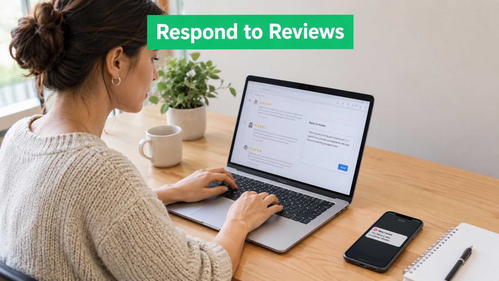A woman working on a laptop while responding to customer reviews at her wooden home office desk.