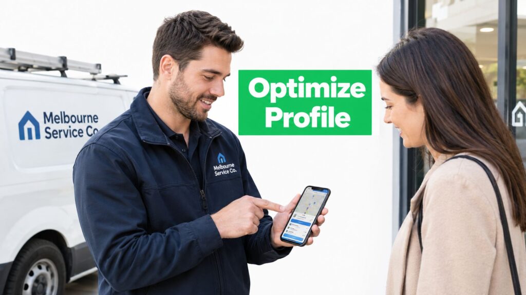 A man shows a smartphone to a woman, highlighting tips for optimizing a Google Business Profile.