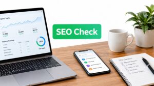 A laptop displaying SEO analytics, a smartphone with SEO tools, a coffee cup, and a checklist on a wooden desk.