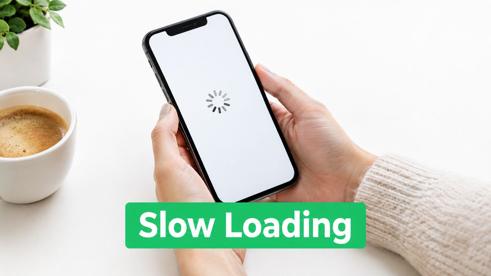 A person holding a smartphone showing a loading spinner icon on a white screen with slow loading.