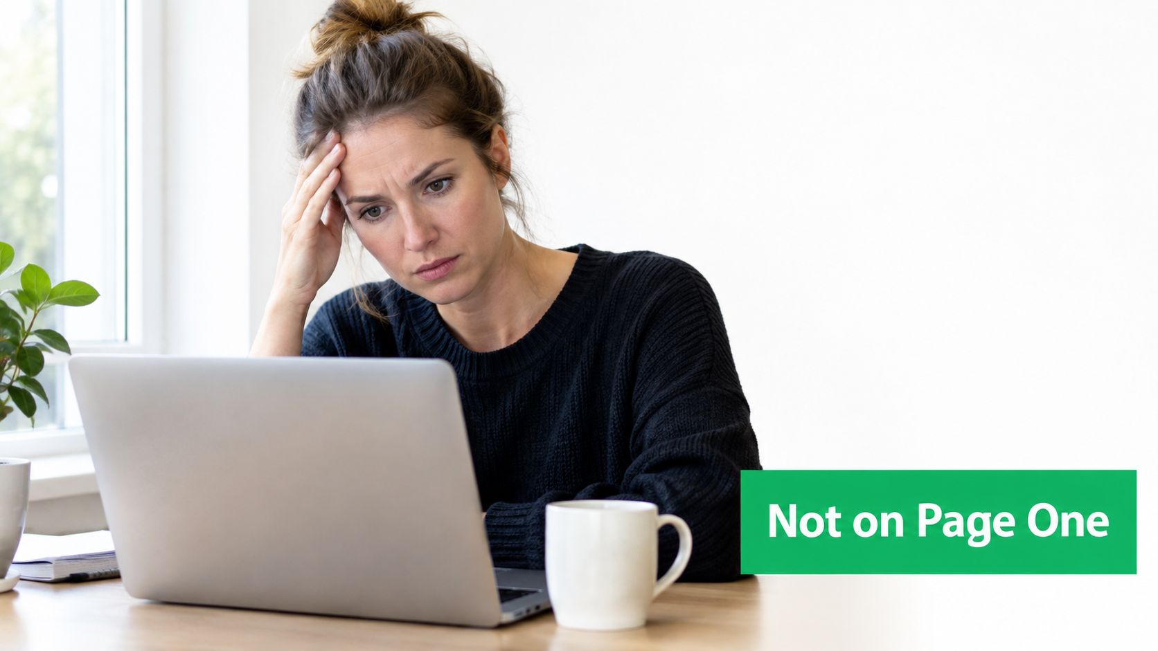 A woman looks stressed while working on her laptop at a desk with a coffee mug.