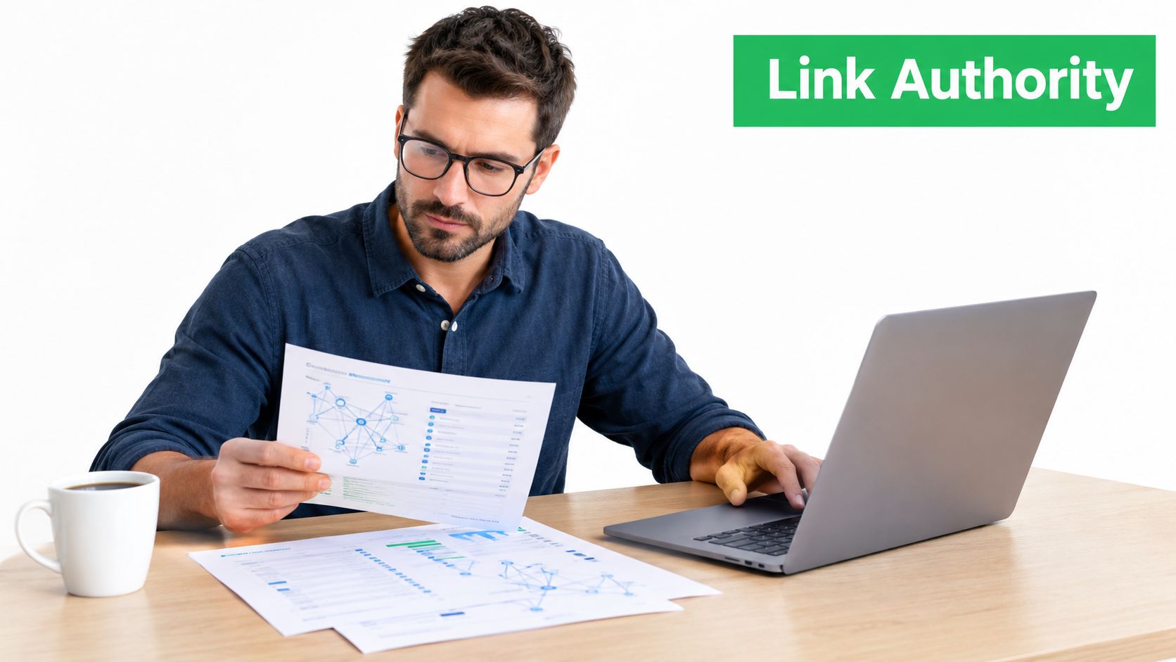 A professional man with glasses sitting at a desk analyzing data charts and using his laptop.