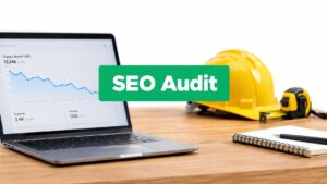 A laptop displaying a declining SEO graph, with a yellow hard hat and measuring tape on a wooden desk.