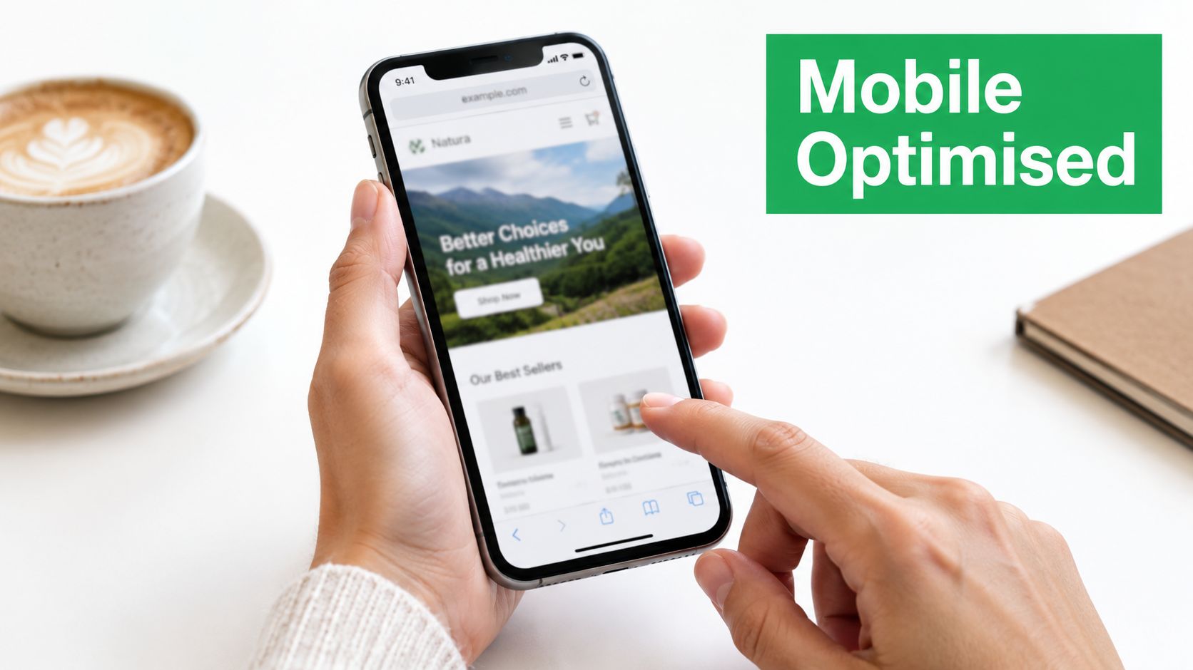 A person using a mobile-optimised website on a smartphone while sitting at a desk.
