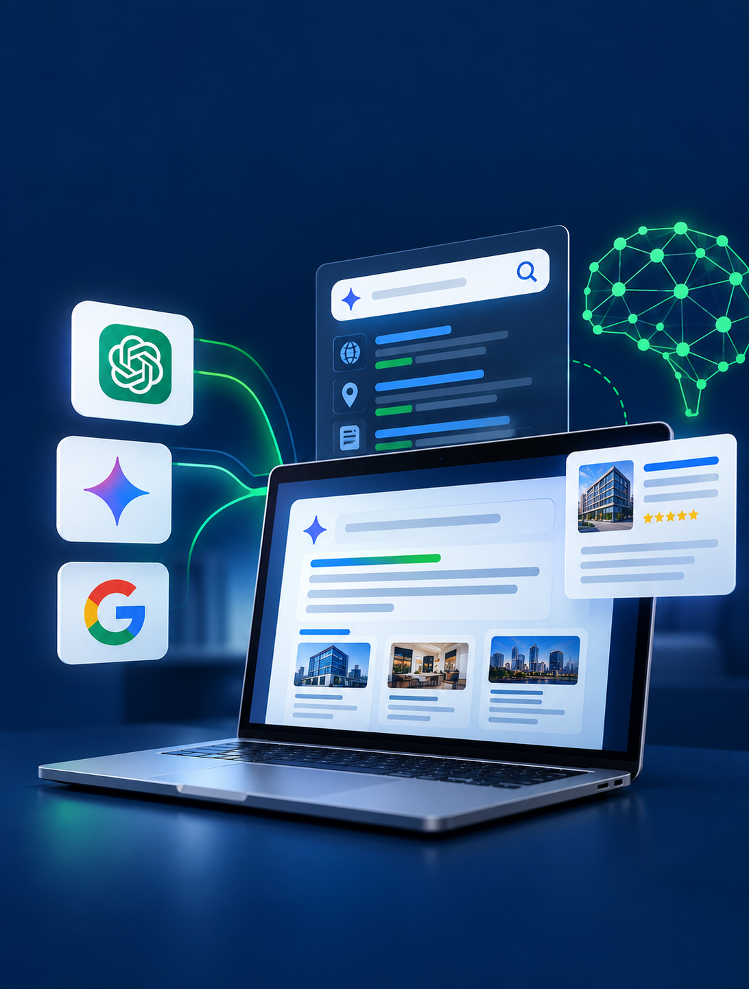 AI SEO showing AI search visibility across Google AI Overviews, ChatGPT Search and AI-powered search interfaces
