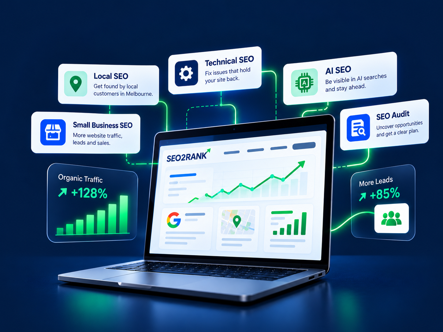 SEO services covering Local SEO, Technical SEO, AI SEO, SEO audits and small business SEO