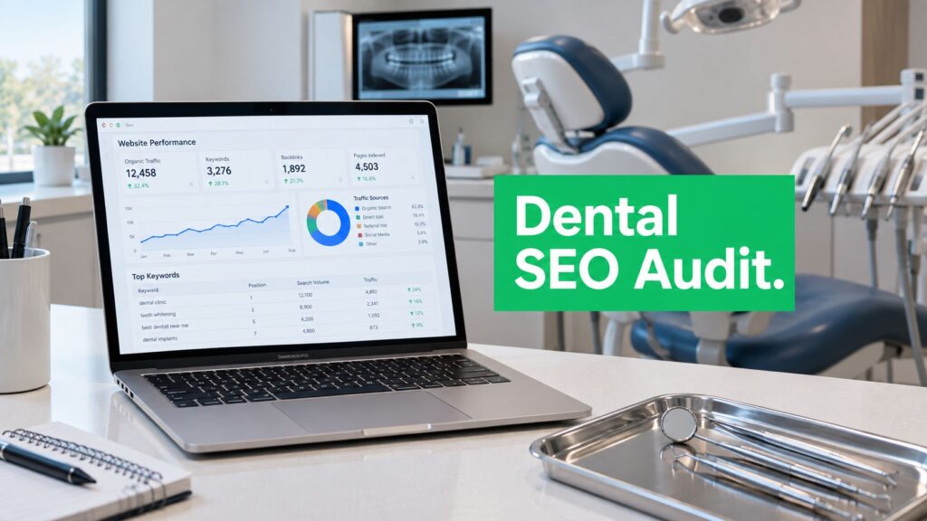 A laptop displaying a dental SEO audit report sits on a table in a modern dental office, with dental tools nearby.