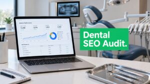 A laptop displaying a dental SEO audit report sits on a table in a modern dental office, with dental tools nearby.