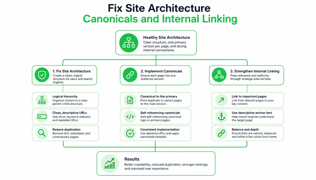 A flowchart showing steps for a technical SEO audit including site architecture, canonicals, and internal linking strategies.
