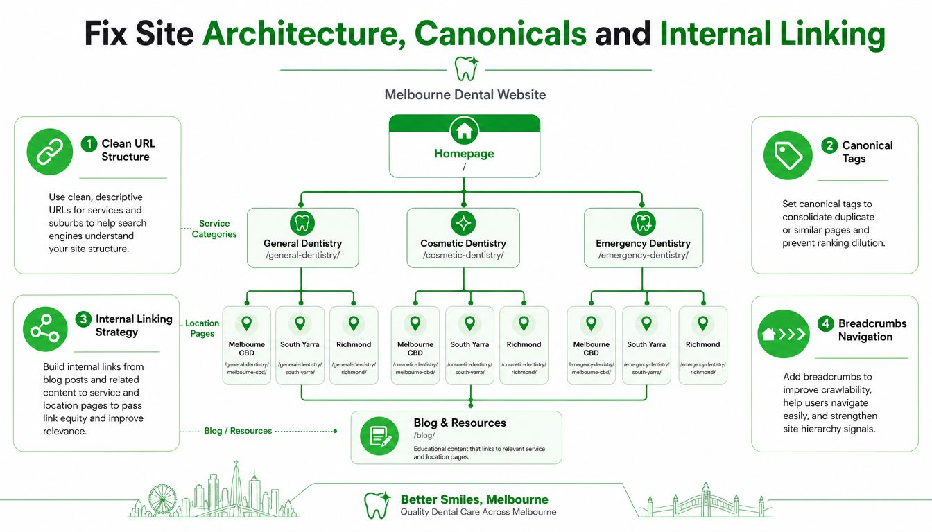 A diagram outlining technical SEO strategies for a Melbourne dental website architecture, including canonicals and linking.