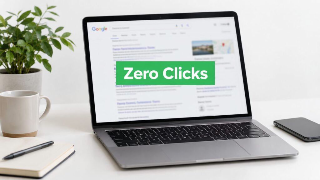 A laptop displaying a Google search results page with the text "Zero Clicks" prominently featured.