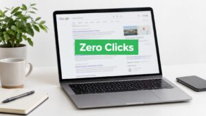 A laptop displaying a Google search results page with the text "Zero Clicks" prominently featured.