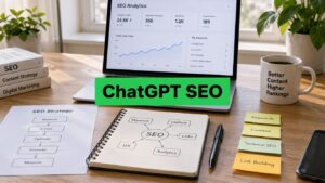 SEO workspace featuring a laptop displaying analytics, a notebook with SEO concepts, and a coffee mug with a motivational