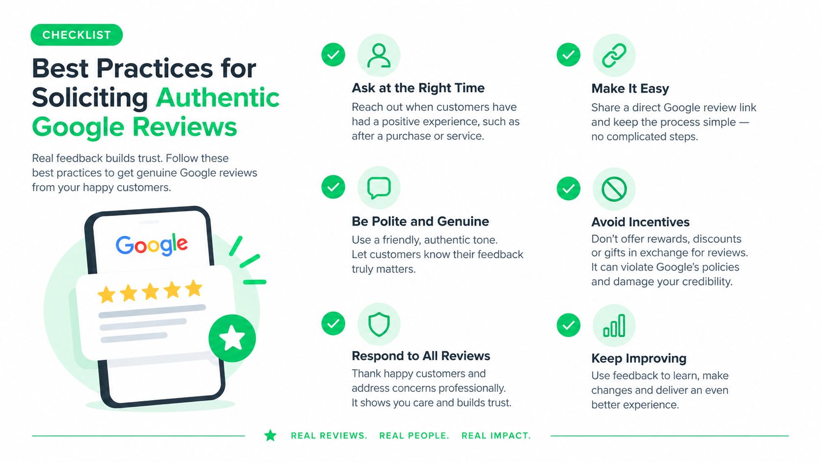 An infographic checklist for businesses on best practices for soliciting authentic Google reviews from their happy customers.
