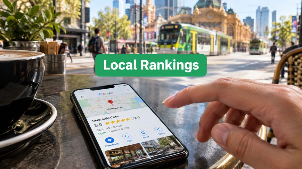 A hand interacts with a smartphone displaying Google Maps for a café, with a city street and tram in the background.