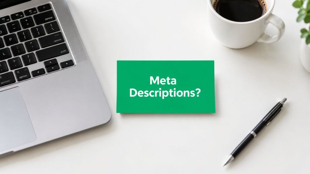 A laptop keyboard and a green card with "Meta Descriptions?" text, alongside a coffee cup and a pen on a desk.