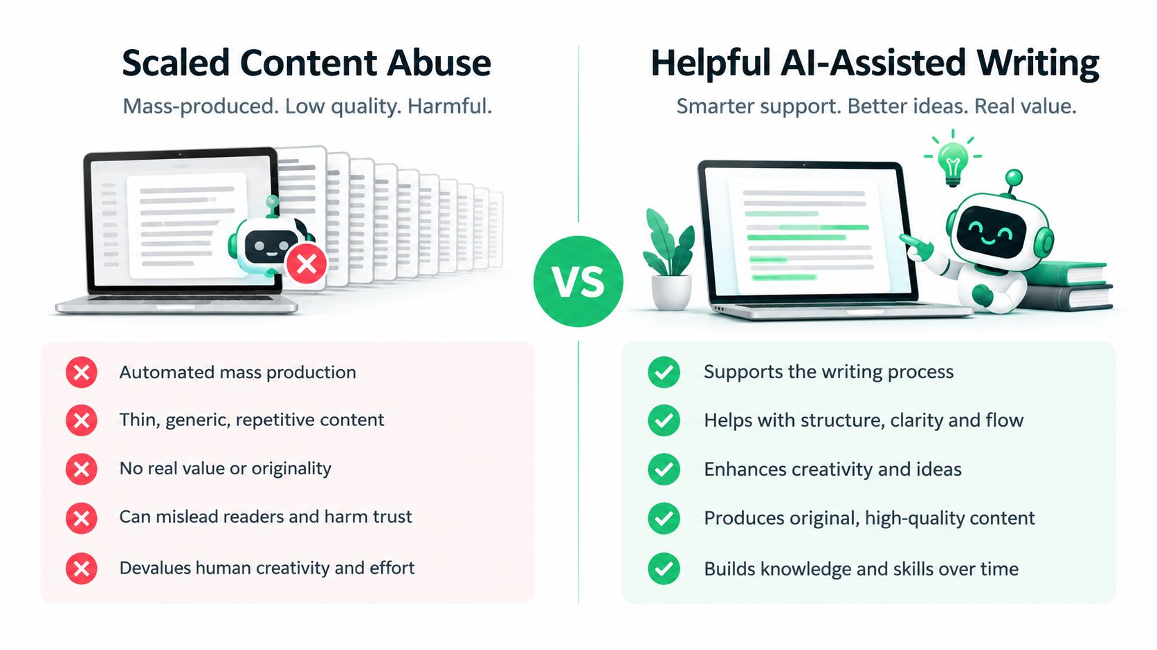 A comparison graphic illustrating the difference between harmful scaled content abuse and helpful AI-assisted writing for content creation.