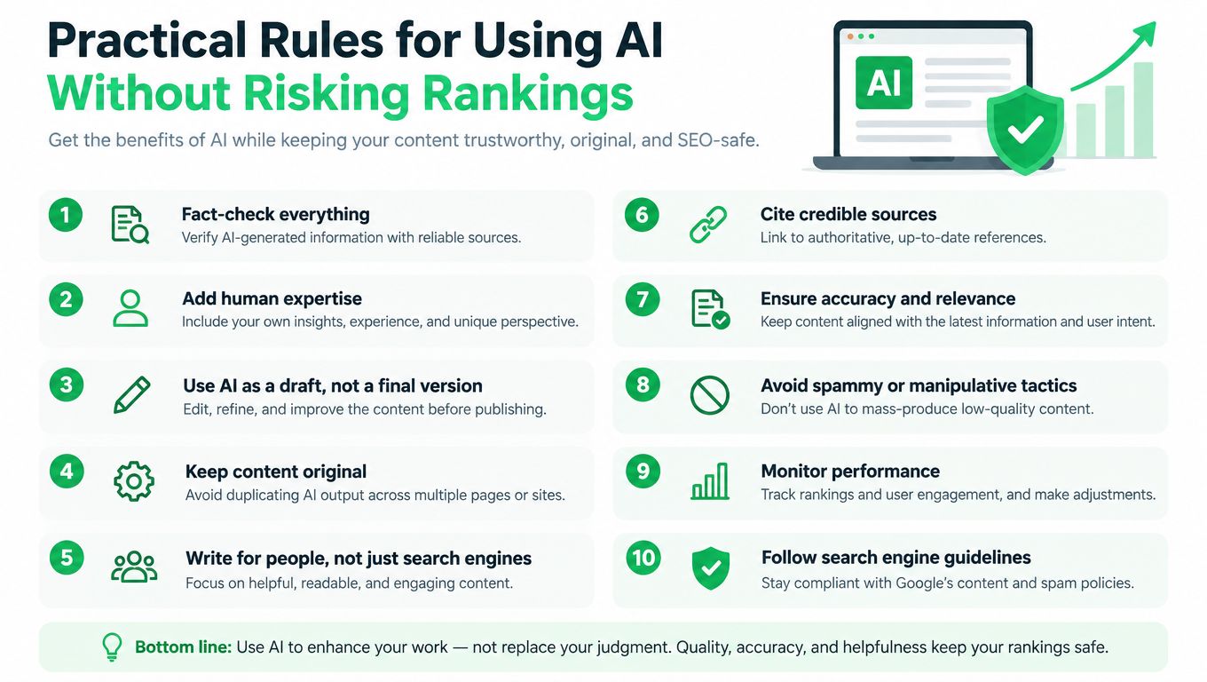 An infographic titled Practical Rules for Using AI Without Risking Rankings, listing ten guidelines for content creation.