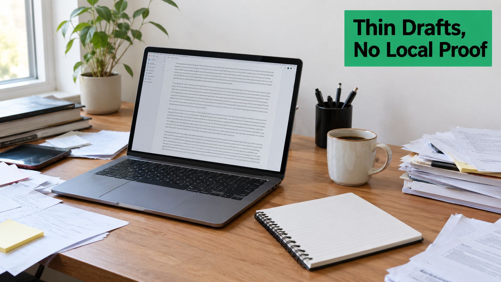 A laptop open on a wooden desk cluttered with papers, highlighting the concept of AI-generated content drafts.