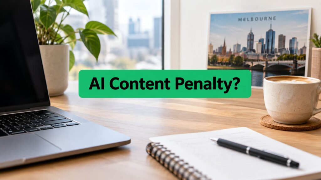 A laptop, coffee cup, and notebook on a desk with a Melbourne cityscape in the background, questioning AI content penalties.