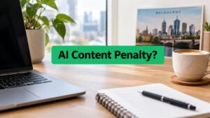 A laptop, coffee cup, and notebook on a desk with a Melbourne cityscape in the background, questioning AI content penalties.
