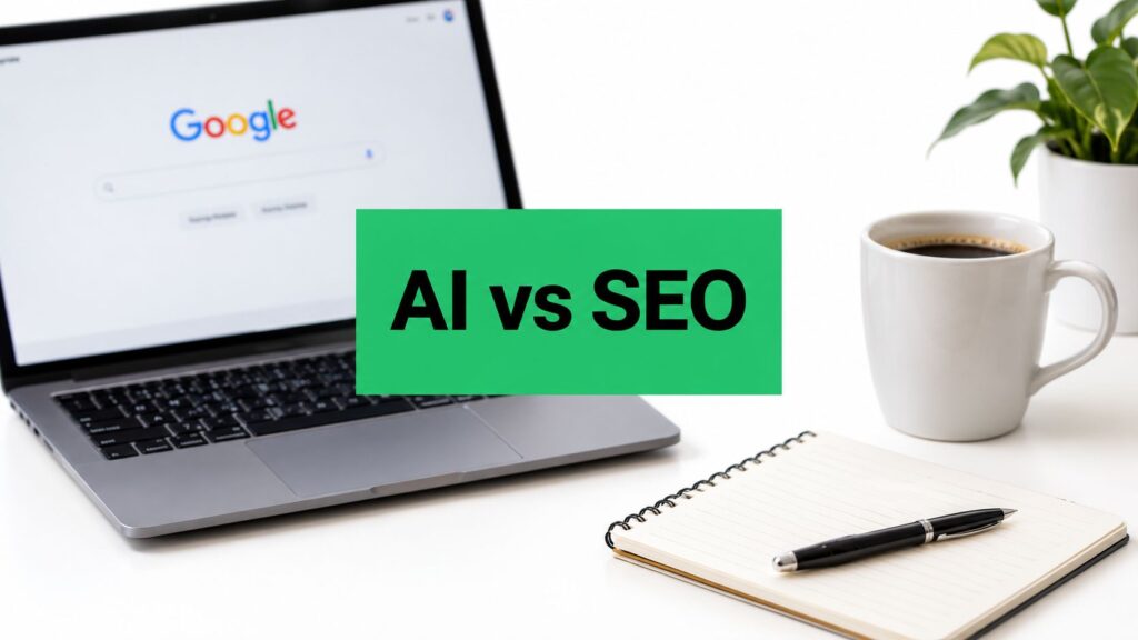 A laptop displaying Google search, a notebook, pen, and coffee cup, with "AI vs SEO" text overlay.