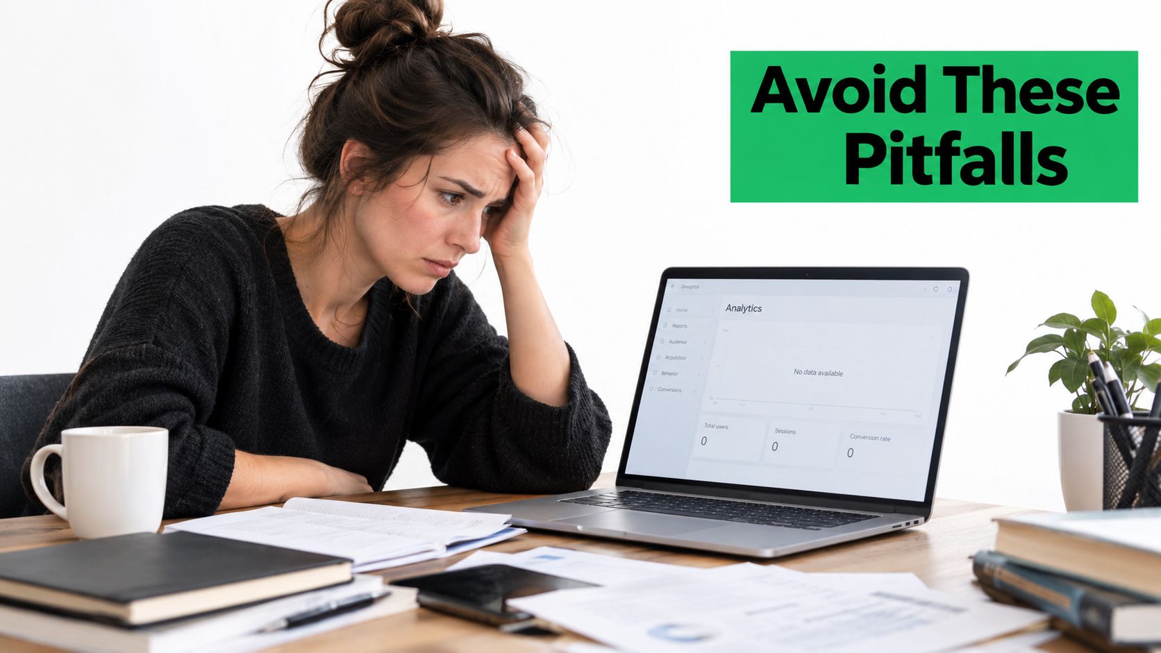 A stressed woman looking at a blank analytics dashboard on a laptop with documents on her desk.