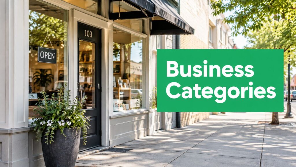 A storefront with an "OPEN" sign and a large text overlay reading "Business Categories" on a sunny day.