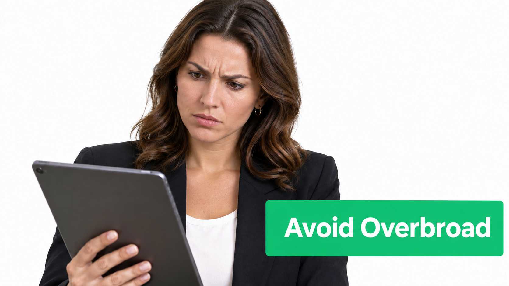 A businesswoman looking concerned while reviewing information on a digital tablet against a white background.
