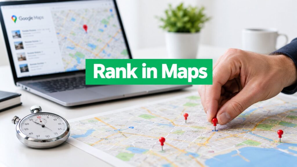 A hand places a red pin on a map, alongside a laptop displaying Google Maps and a stopwatch, emphasizing map ranking.