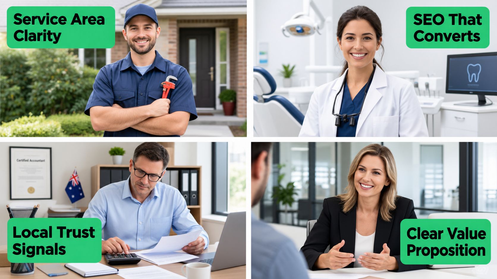 A four-part collage showing professionals including a plumber, dentist, accountant, and business consultant with SEO marketing text.