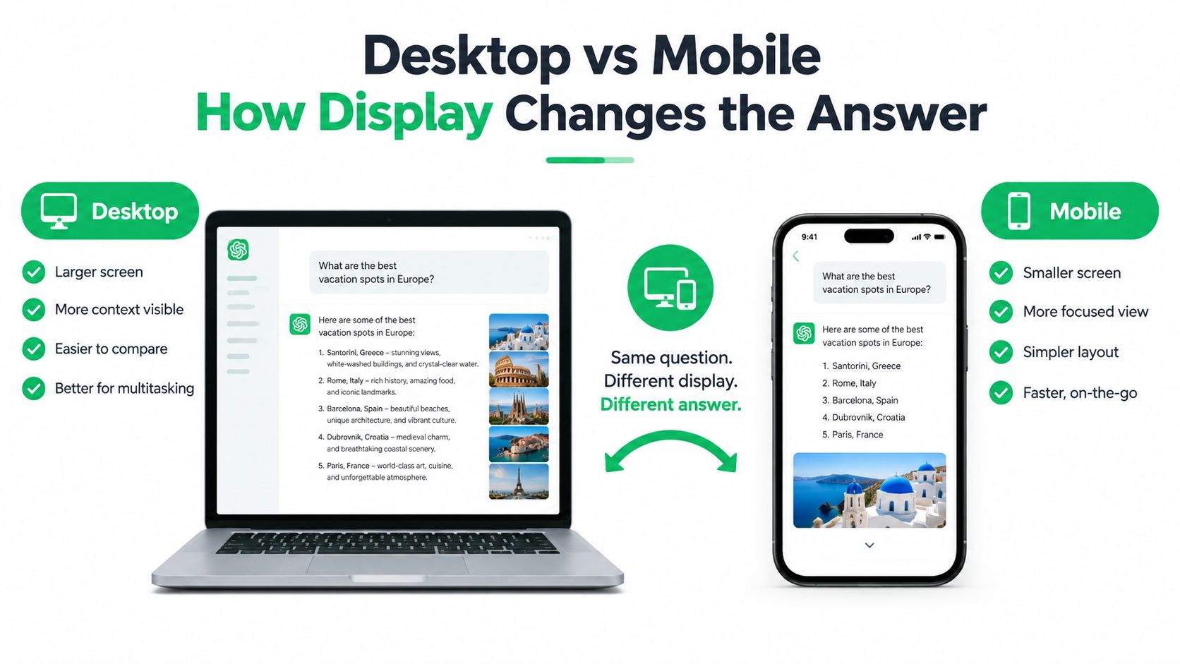 Comparison infographic showing how ChatGPT responses appear differently on desktop monitors versus mobile phone screens.