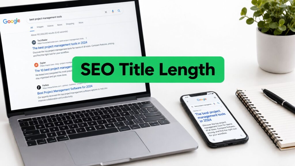 A laptop and smartphone display Google search results, highlighting the importance of SEO title length for visibility.
