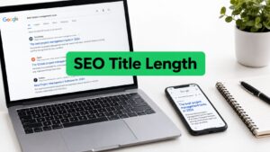 A laptop and smartphone display Google search results, highlighting the importance of SEO title length for visibility.