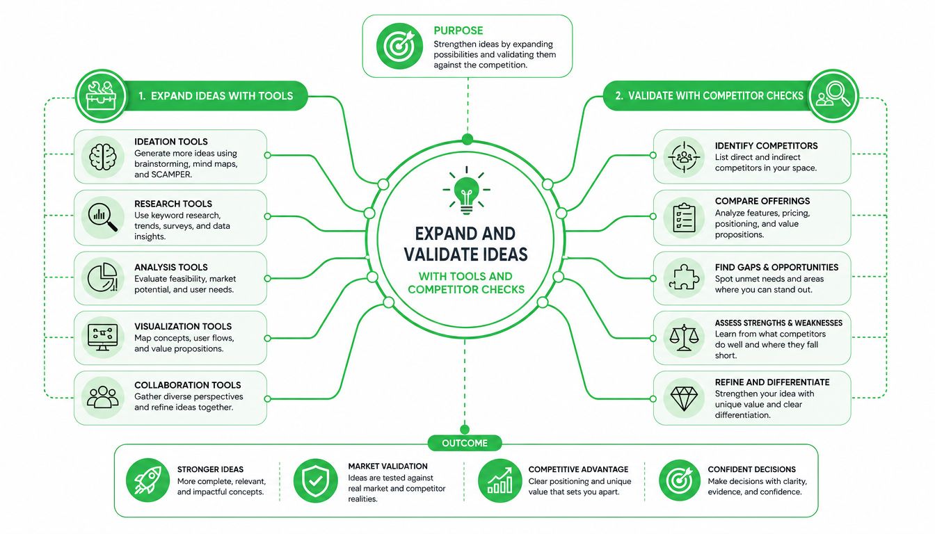 A diagram outlining the process of expanding business ideas using specific tools and validating them against competitors.