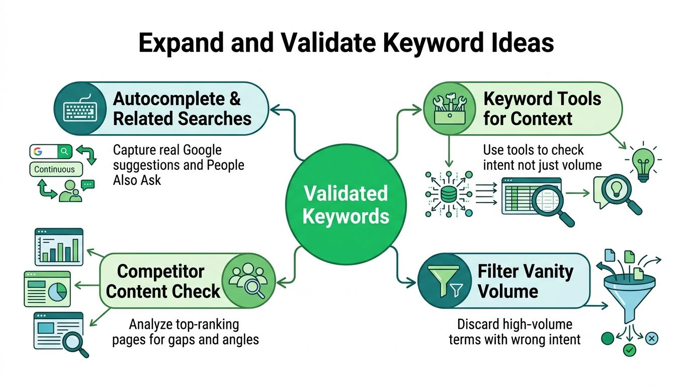 A diagram outlining the four-step process for expanding and validating keyword ideas for effective search engine optimization.