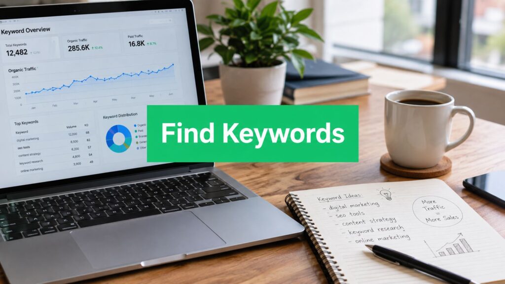 A laptop displaying keyword analysis data sits on a desk next to a notebook with marketing ideas and a coffee cup.