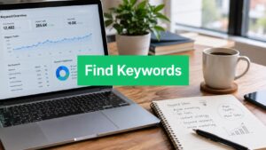 A laptop displaying keyword analysis data sits on a desk next to a notebook with marketing ideas and a coffee cup.