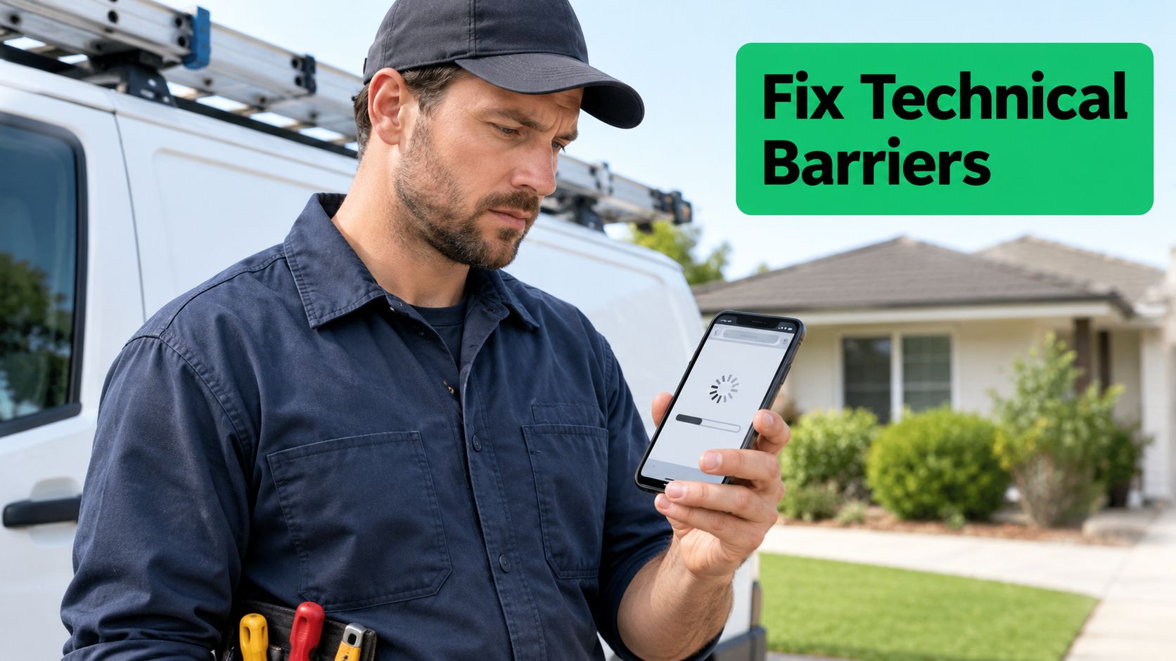 A technician wearing a work uniform holds a smartphone showing a loading screen outside a house.