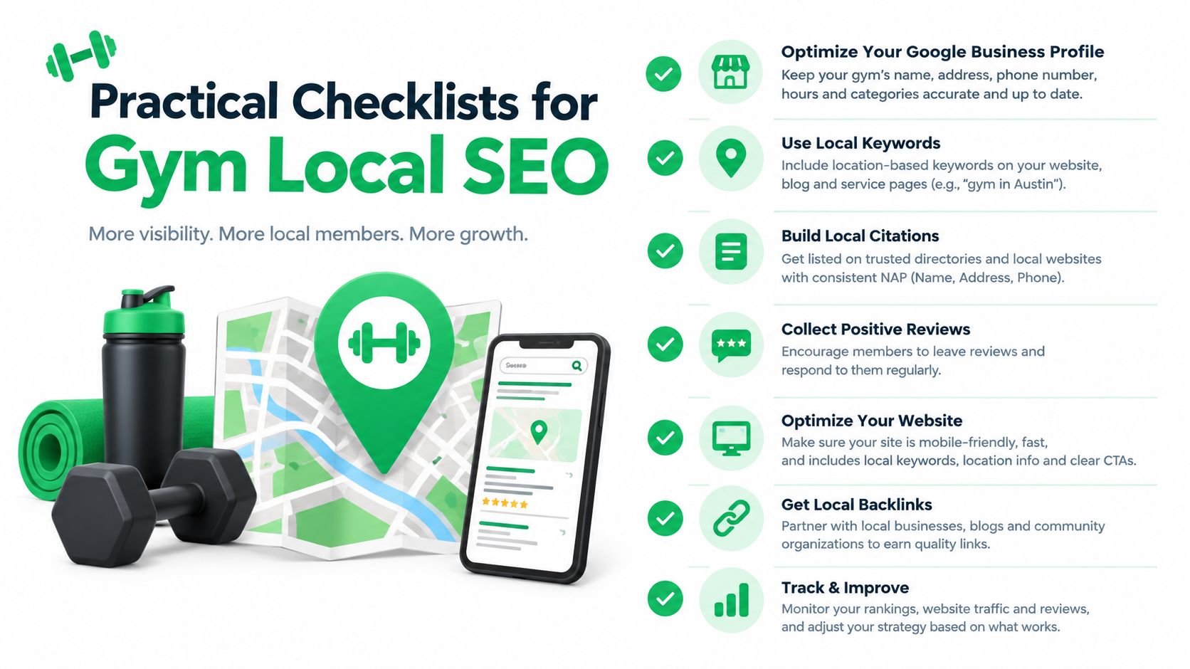 A checklist graphic illustrating seven practical steps for improving local SEO for gym and fitness businesses.