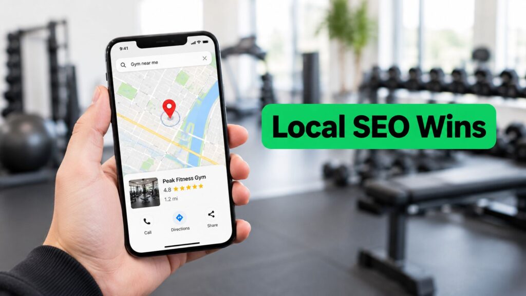 A hand holds a smartphone displaying a map with a gym location marked, showcasing local SEO success.