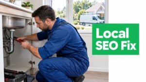 A plumber repairs a sink under a kitchen counter, with a service van visible outside, emphasizing local SEO solutions.