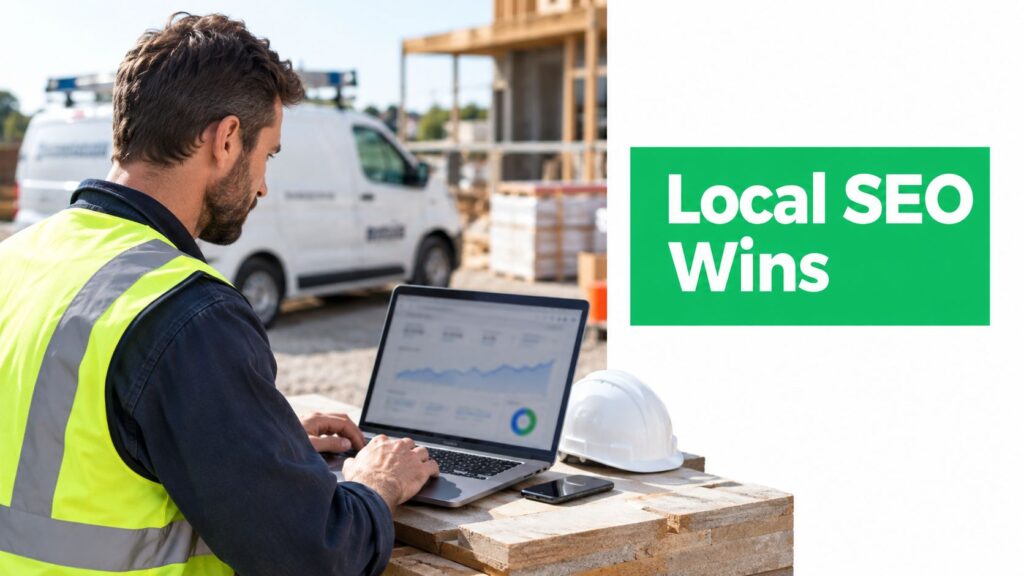 A construction worker analyzes local SEO data on a laptop at a job site, with a hard hat and tools nearby.
