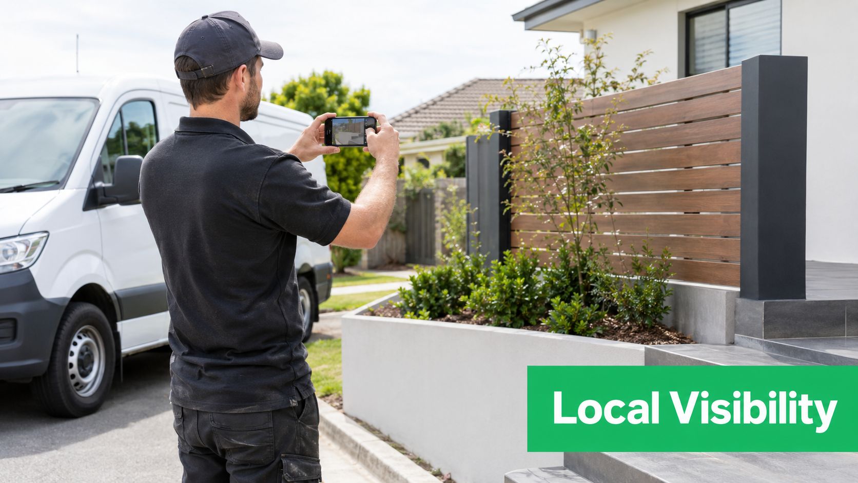 A tradesman in a black uniform takes a photo of a suburban house exterior using his smartphone.