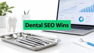 Dental tools on a tray with a laptop displaying SEO analytics and a decorative tooth figurine.