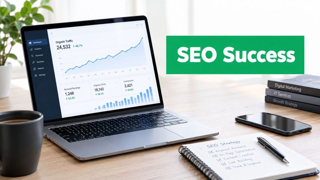 A laptop displays an SEO dashboard with traffic metrics, alongside a coffee cup and a notepad outlining SEO strategies.