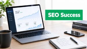 A laptop displays an SEO dashboard with traffic metrics, alongside a coffee cup and a notepad outlining SEO strategies.
